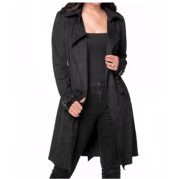 NWOT COALITION LA Jenny Suede Black Trench Coat 🧥 Vegan - Picture 4 of 13
